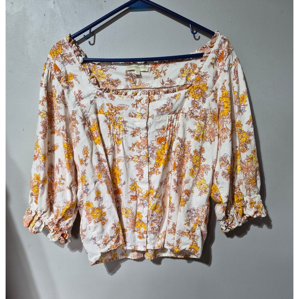 Cynthia Rowley Floral Linen Blend Peasant Blouse Yellow Orange Square Neck M